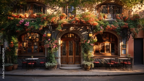 Panoramic shot of the facade of a charming cozy family restaurant in an abstract European city © Татьяна Креминская