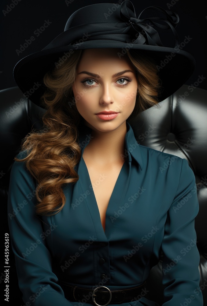 A woman in a black hat sitting in a chair. Fiction, made with AI. A woman in a black hat sitting in a chair. Fiction, made with AI.