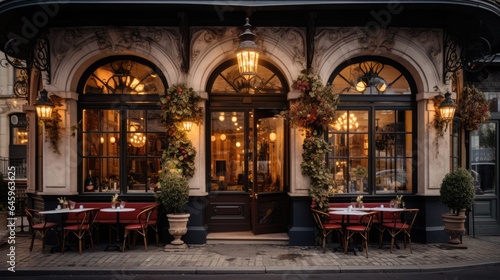 Panoramic shot of the facade of a charming cozy family restaurant in an abstract European city © Татьяна Креминская
