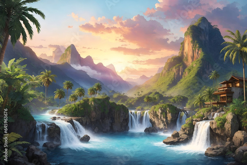 Landscape with mountains and waterfalls © Designer Khalifa