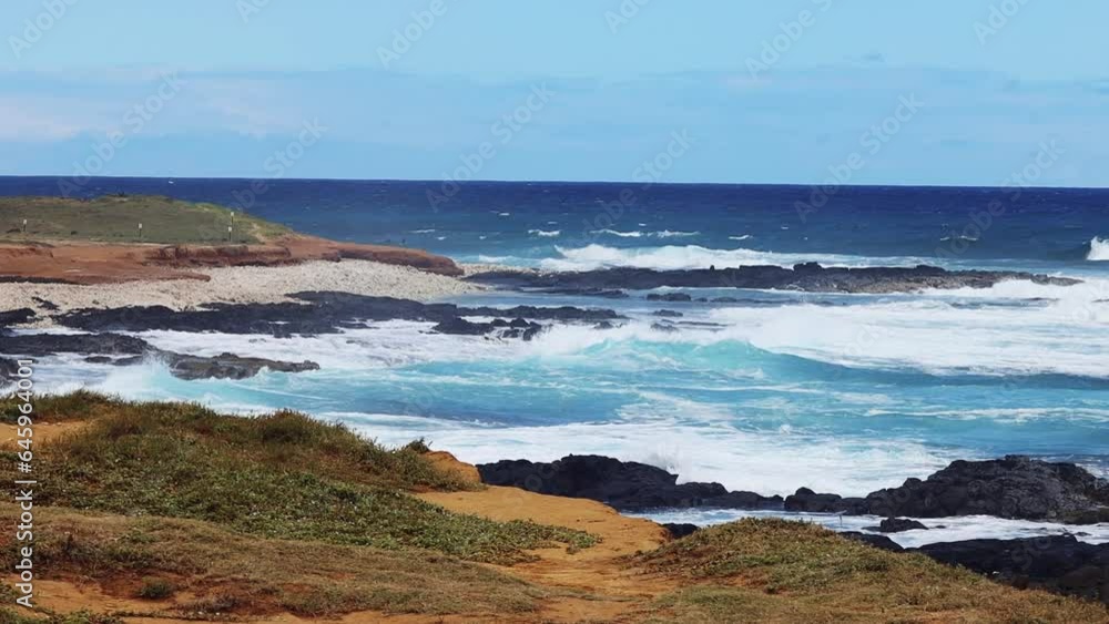Waves crashing against rocky shore with coral and sand Waves crashing against rocky shore with coral and sand