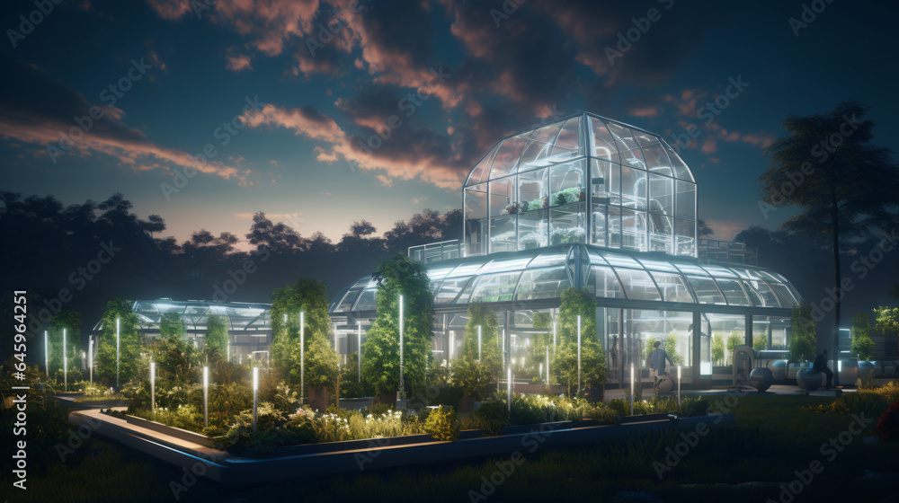 Smart Greenhouses equipped with AI-controlled climate and lighting systems, optimizing growing conditions for plants and crops