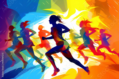 Female athlete runners doing a training exercise for a sports race event by jogging and running shown in a contemporary athletic abstract design, Generative AI stock illustration image
