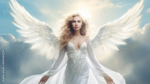 Beautiful girl in angel costume with wings. Fantastic angel on the sky background