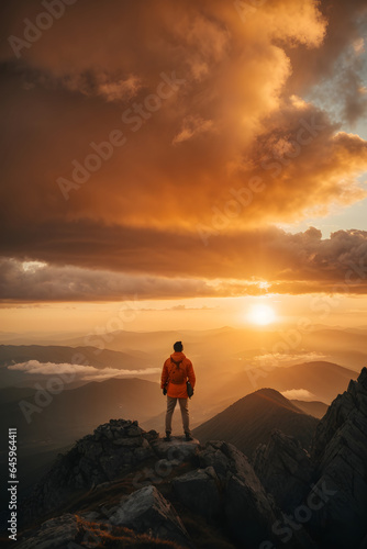 wide angle shot  Panoramic image of man in orange  standing victorious on mountain top  sunset and clouds in the background. Image created using artificial intelligence.