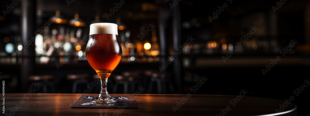 Snifter glass of light beer on bar table in a dark pub with copy space. Generative AI