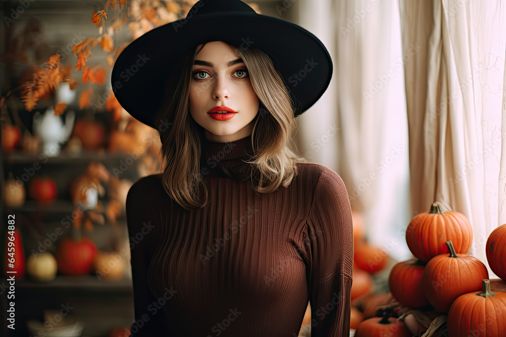 Autumn portrait of a woman wearing hat and sweater Autumn portrait of a woman wearing hat and sweater