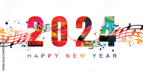 Happy 2024 New Year colorful vector illustration. Happy New Year banner with musical notes for seasonal holiday greeting cards, flyers and party invitations	
