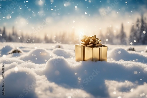 Christmas background with a golden gift, a snowflake and a ball in the snow in the forest © FrameFinesse