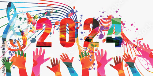 Happy 2024 New Year colorful vector illustration. Happy New Year banner with musical notes for seasonal holiday greeting cards  flyers and party invitations 