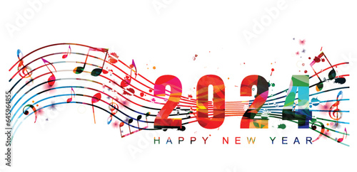 Happy 2024 New Year colorful vector illustration. Happy New Year banner with musical notes for seasonal holiday greeting cards, flyers and party invitations	