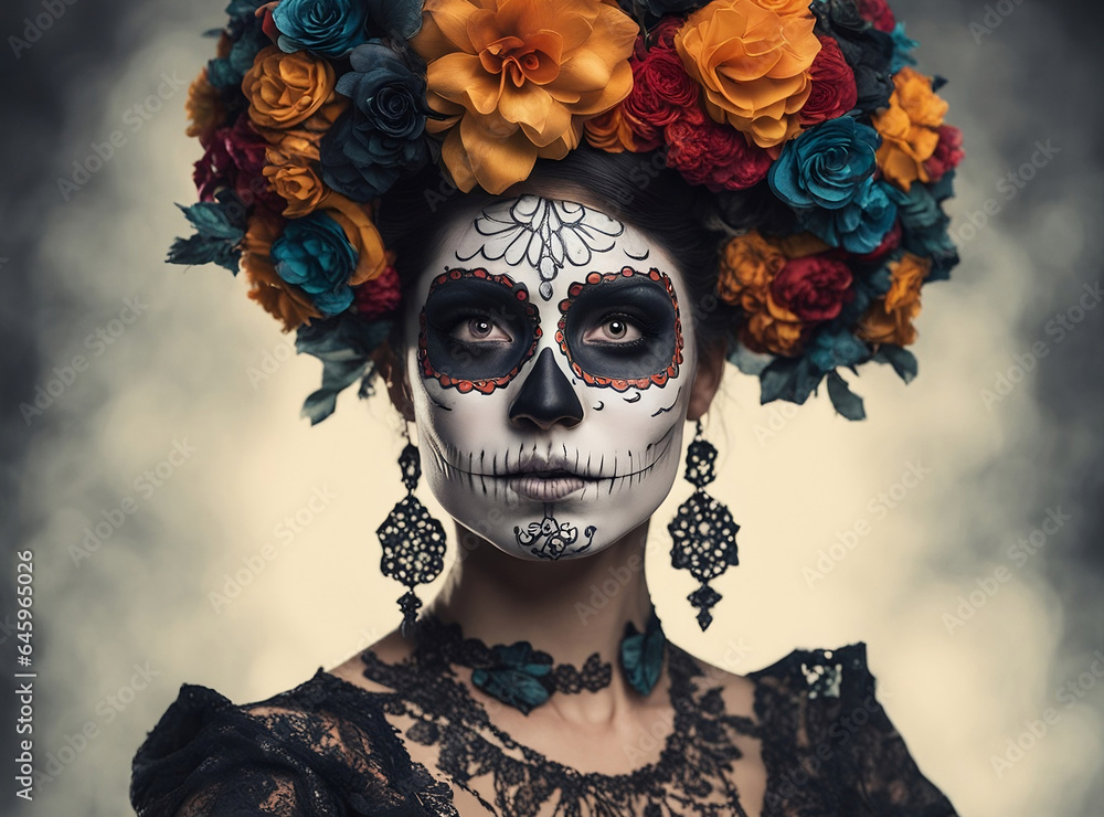 Portrait of a mexican woman for the day of the dead