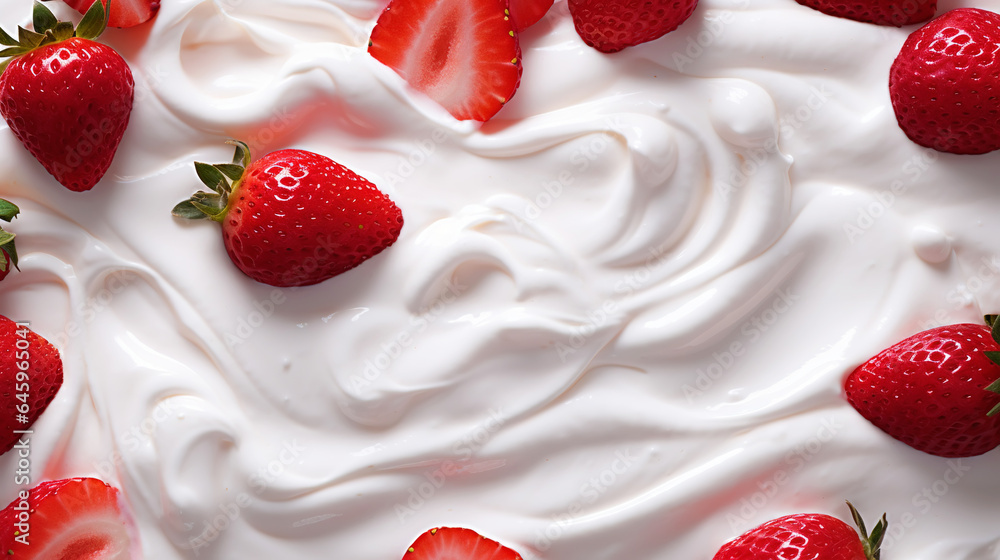 Yogurt and fresh strawberries, background. Top view. Generative AI Yogurt and fresh strawberries, background. Top view. Generative AI