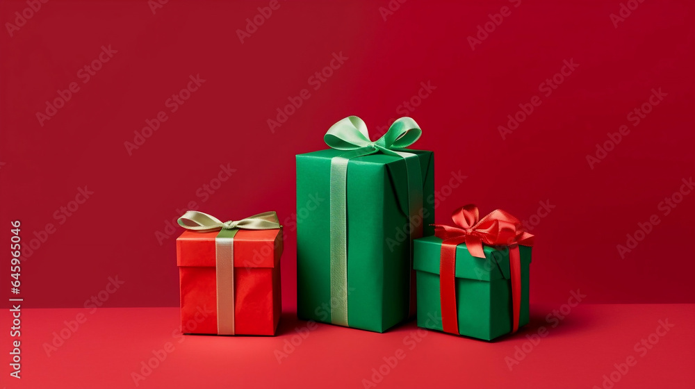 Fototapeta premium Mock up of three red and green gift boxes wiht red and green ribbon isolated on red background, online shopping offer, New year and Christmas present.