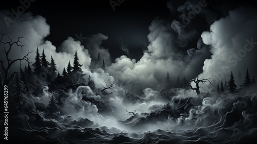 Clouds of smoke, steam, fog and white foggy vapor float on a black background