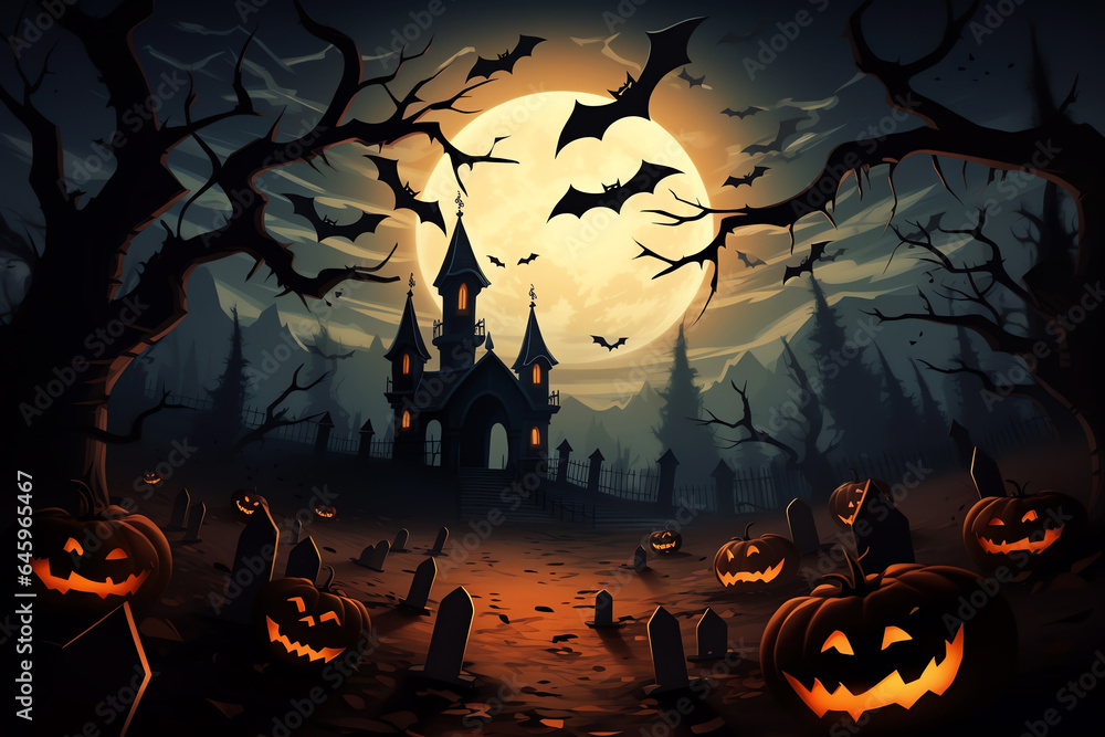 halloween background with gravestones, pumpkins and bats
