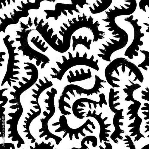 Curved bold brush strokes seamless pattern. Hand drawn chaotic ink brush scribbles. Vector messy doodles, bold curvy lines illustration. Black and white organic ornament.