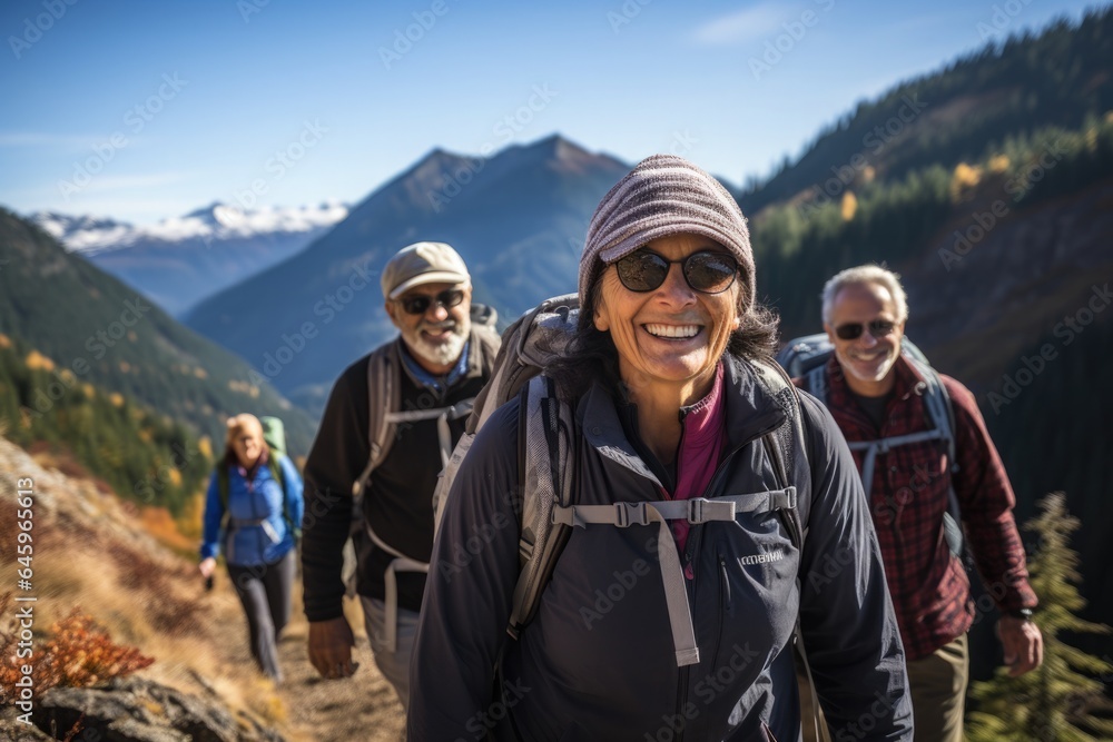 A group of middle-aged people with backpacks on their shoulders goes on a hiking trip.