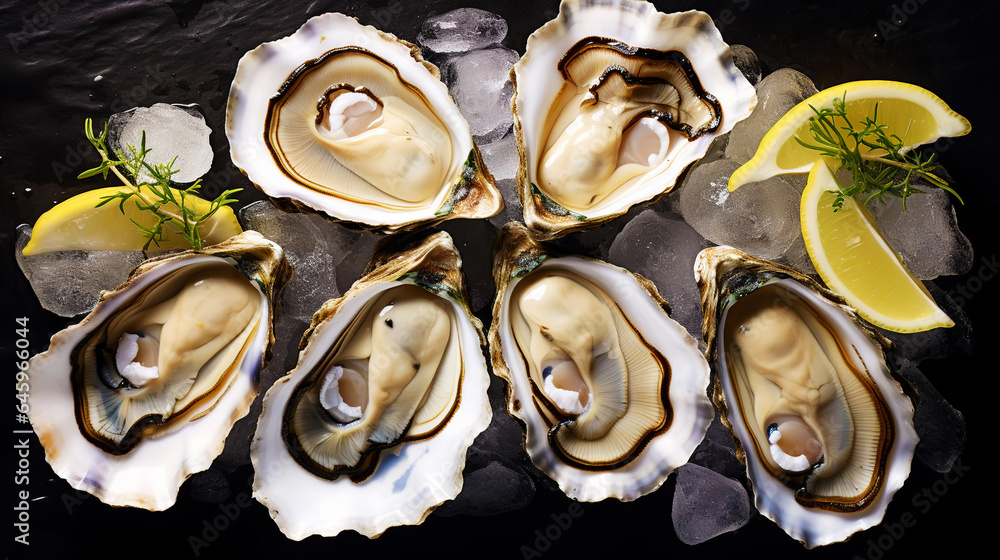 Top view on fresh oysters laying on crushed ice. Seafood background. Generative AI Top view on fresh oysters laying on crushed ice. Seafood background. Generative AI