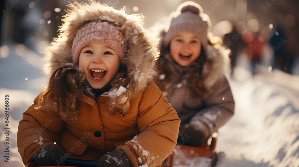 Two adorable little sisters having fun on a sled in the snow. Two adorable little sisters having fun on a sled in the snow.