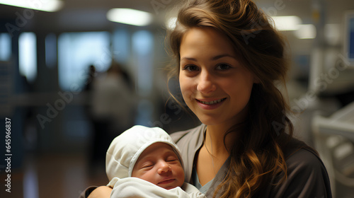 Portrait of a mother with her newborn baby at the hospital.