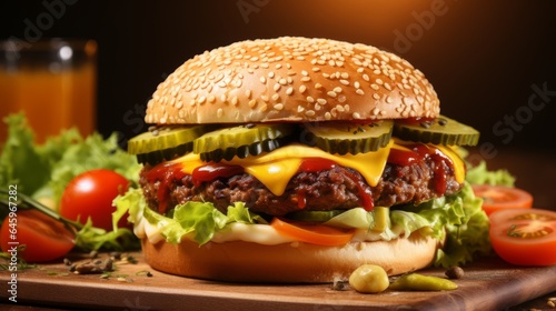 Delicious Burger with Cheese  Lettuce  and Onion on a Sesame Seed Bun