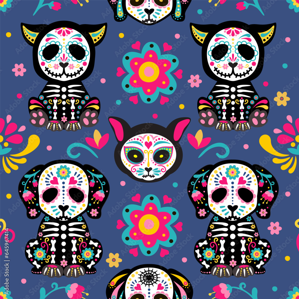 Naklejka premium Cute cartoon dog and cat bright seamless pattern. Skeleton cats, dog and flowers. Muertos pattern with skull. Mexico day dead holiday. Vector illustration