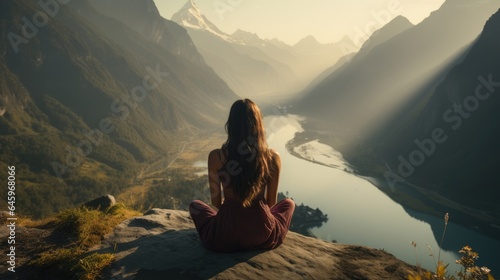 A relaxing backpacker enjoying sunset over beautiful mountains range. 