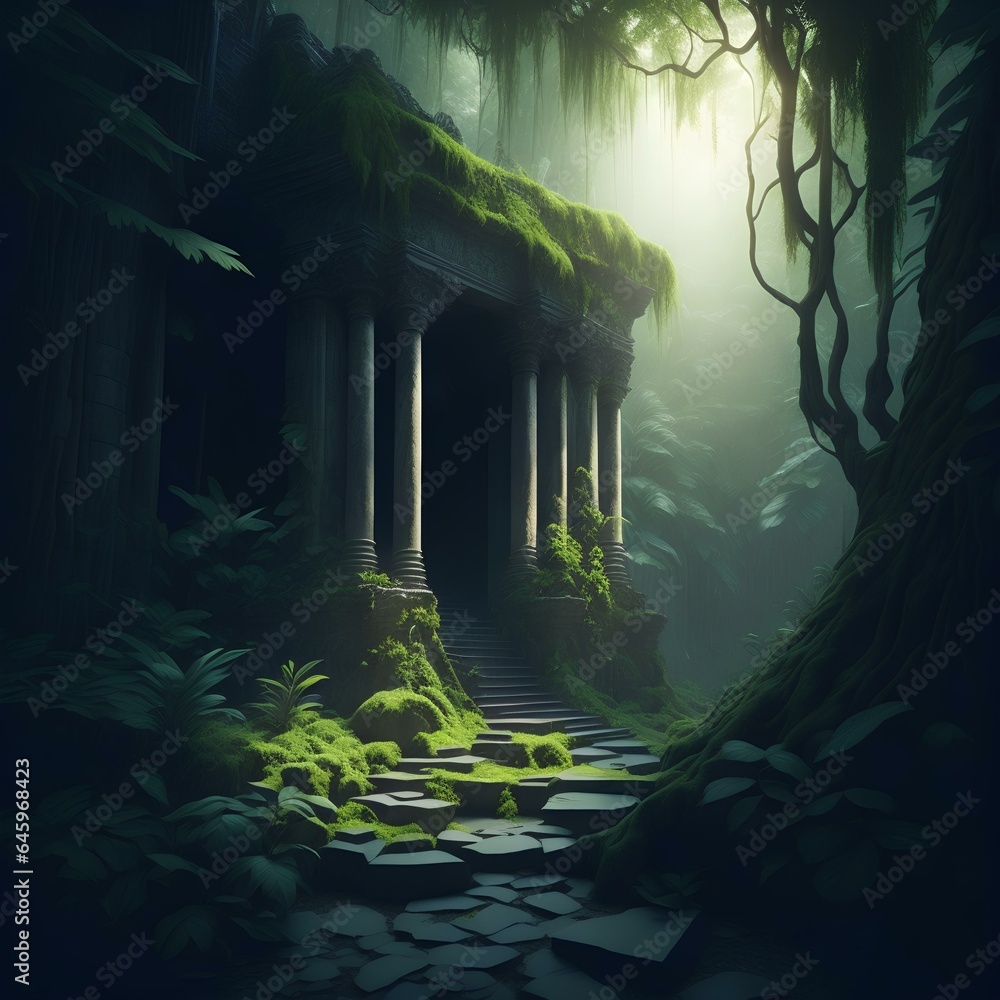 ancient temple deep in the jungle. Moss-covered ruins rise from the undergrowth.