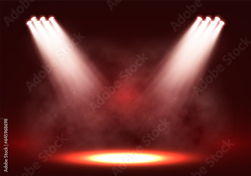 Spotlights. Scene for presentation illuminated by spotlights with smoke. Vector illustration.
