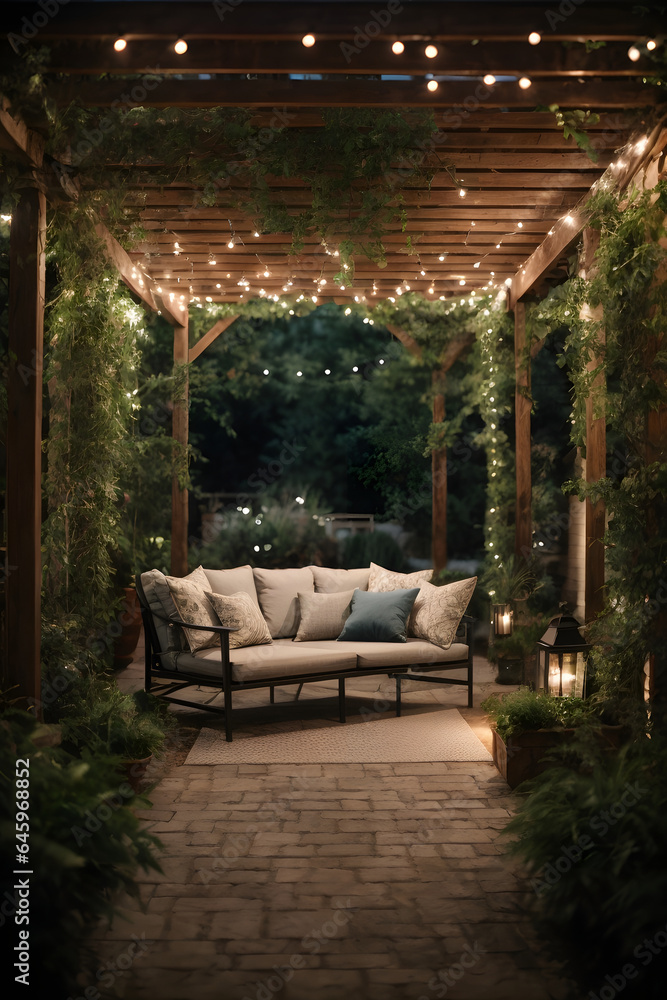 A pergola surrounded by greenery, gravel on the ground, simple patio furniture, string lights, night. Image created using artificial intelligence.
