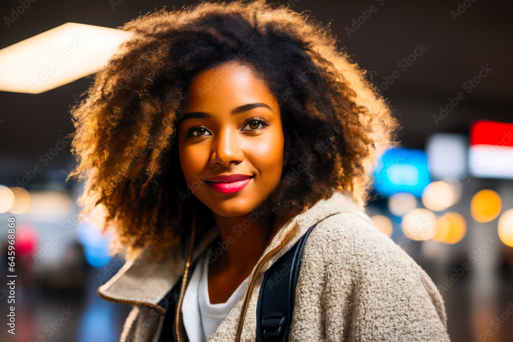 Portrait of happy young tourist on the background of flight schedules at the departure hall of a modern airport. Travel concept