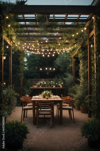 A pergola surrounded by greenery, gravel on the ground, simple patio furniture, string lights, night. Image created using artificial intelligence.