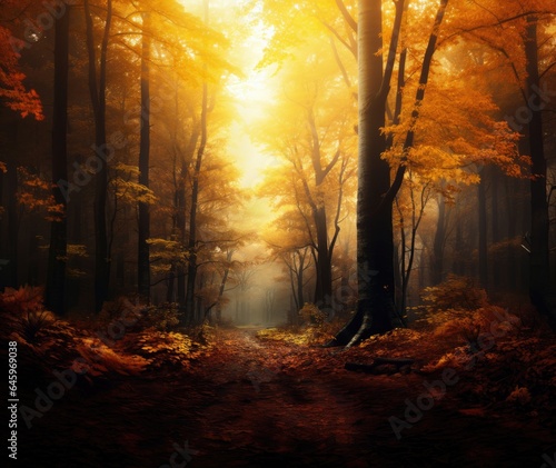Autumn forest in fog and a path strewn with fallen leaves at dawn with scattered sunlight