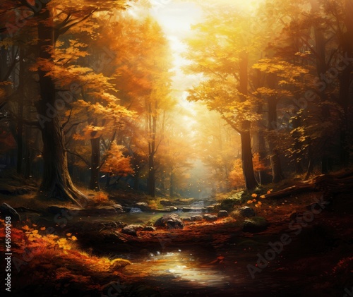 Autumn forest in fog and rocky stream with scattered sunlight and falling leaves