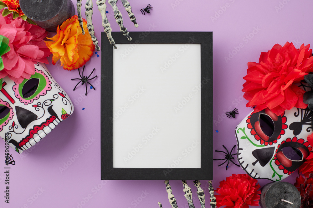 Celebrate Dia de los Muertos with elaborate carnival masks. Top view photo of carnival masks, flowers, skeleton arms, candles, spooky decor on soft purple background with blank frame for ad or text - obrazy, fototapety, plakaty 