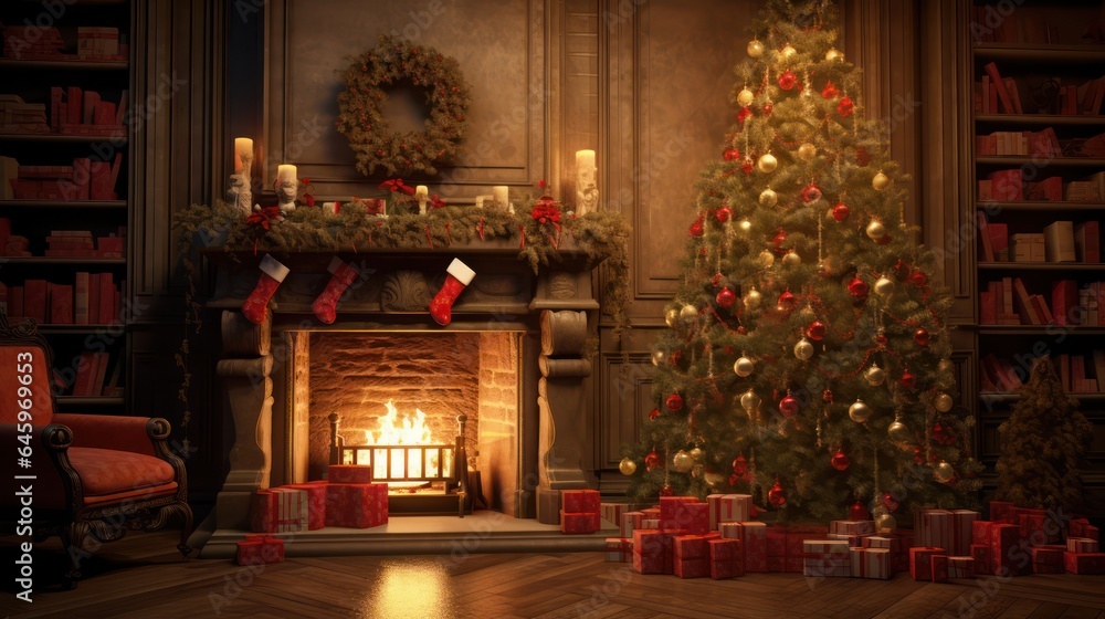 Christmas tree decoration with fireplace 