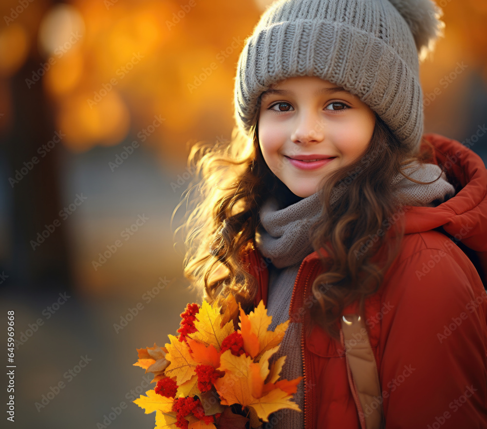 Portrait of a 7-8 year old girl in a beanie holding colorful autumn leaves against blurred autumn park background. Generative AI Portrait of a 7-8 year old girl in a beanie holding colorful autumn leaves against blurred autumn park background. Generative AI