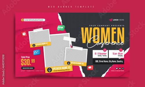 Corporate women business conference or online webinar promotion web banner template or video thumbnail. Annual meeting, seminar or training event marketing flyer with torn paper and paint brush stroke