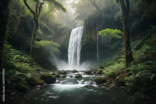Forest tree jungle waterfall small. Adventure nature outdoor landscape travel trekking vibe. Graphic Art