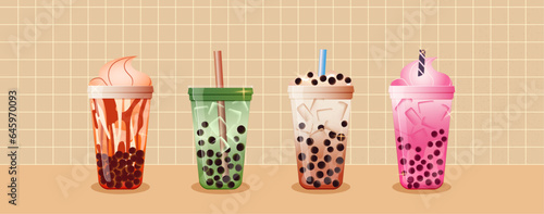Set of bubble tea drinks in plastic takeaway glasses. Vector illustration of ice boba tea. Banner with tasty drinks.