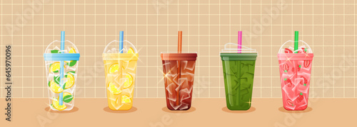 Set of refreshing summer drinks in plastic takeaway glasses. Vector illustration of lemonade, matcha tea and ice coffee. Banner with soft drinks.