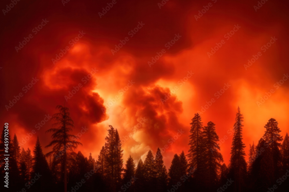Blazing forest fire under the red sky, illuminating dramatic tree silhouettes
