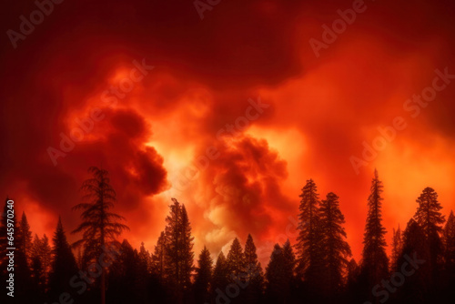 Blazing forest fire under the red sky  illuminating dramatic tree silhouettes
