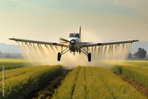 Crop Duster plane spraying crops. Dirty agribusiness. Spraying chemicals for accelerated crop growth.
