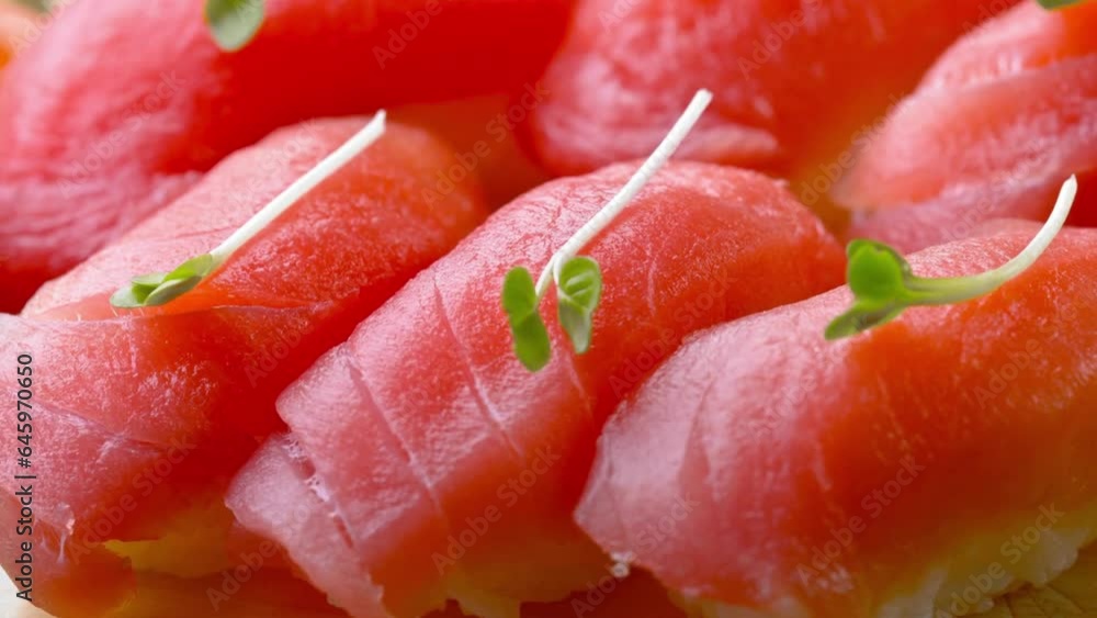 Sushi Delight: 4K Dolly Shot of Freshly Cooked Tuna Sushi on the Table Sushi Delight: 4K Dolly Shot of Freshly Cooked Tuna Sushi on the Table