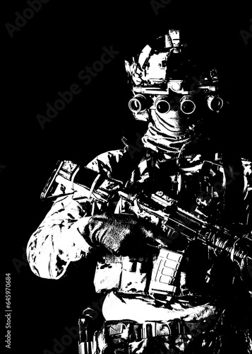 Half length, low key studio shoot of army soldier, marine infantryman in mask, camo uniform, equipped modern ammunition, armed service rifle standing in darkness with night vision device on helmet