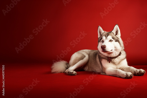 siberian husky on red background