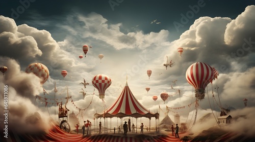 Circus in the clouds, magic flying circus in the sky photo