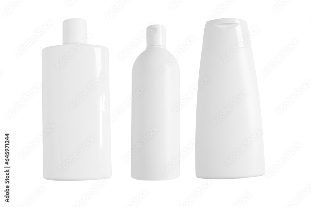 Three cosmetic bottles on a blank background. PNG Three cosmetic bottles on a blank background. PNG